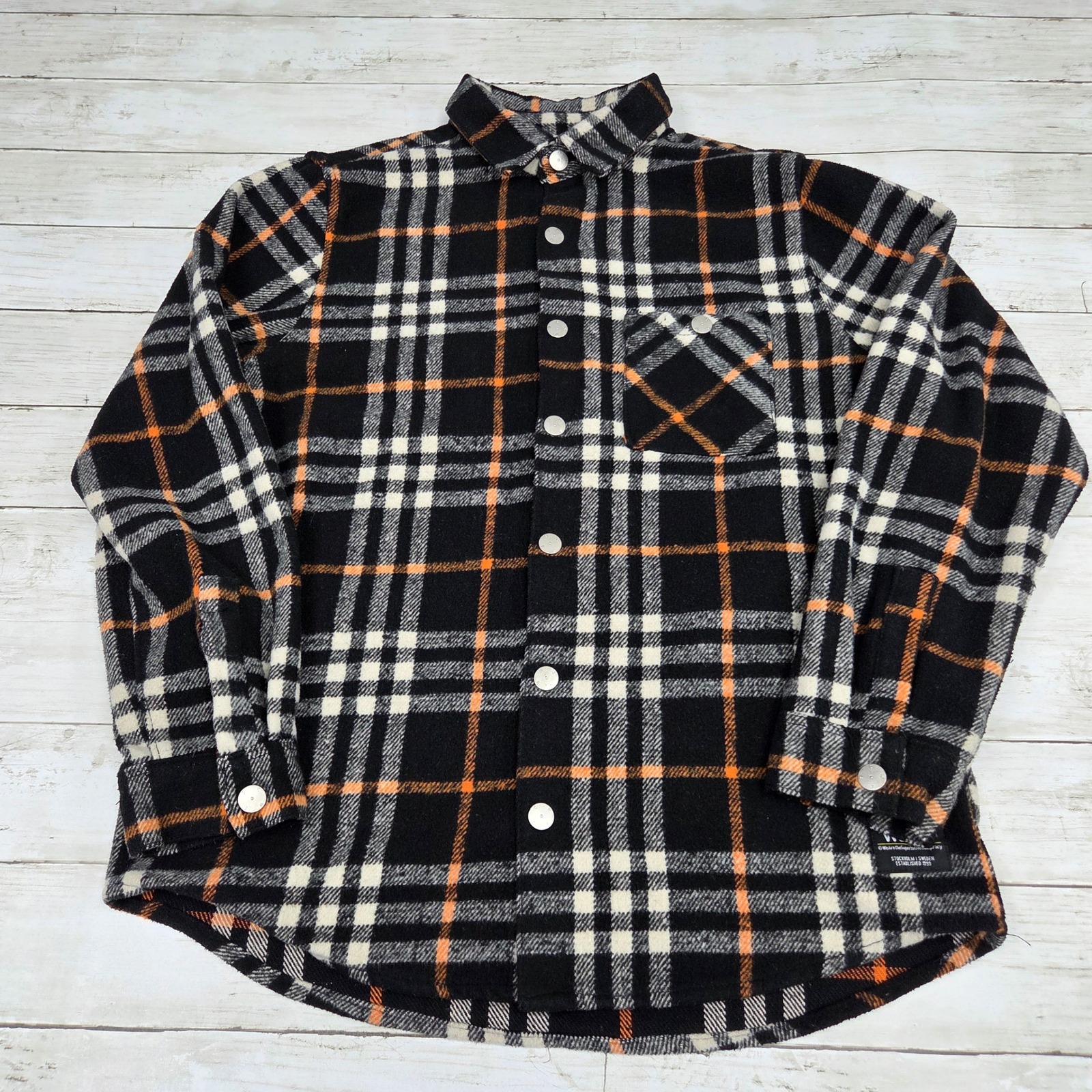 Wesc Overshirt Mens Medium Black Orange Oden Plaid Fleece Snap Front Jacket